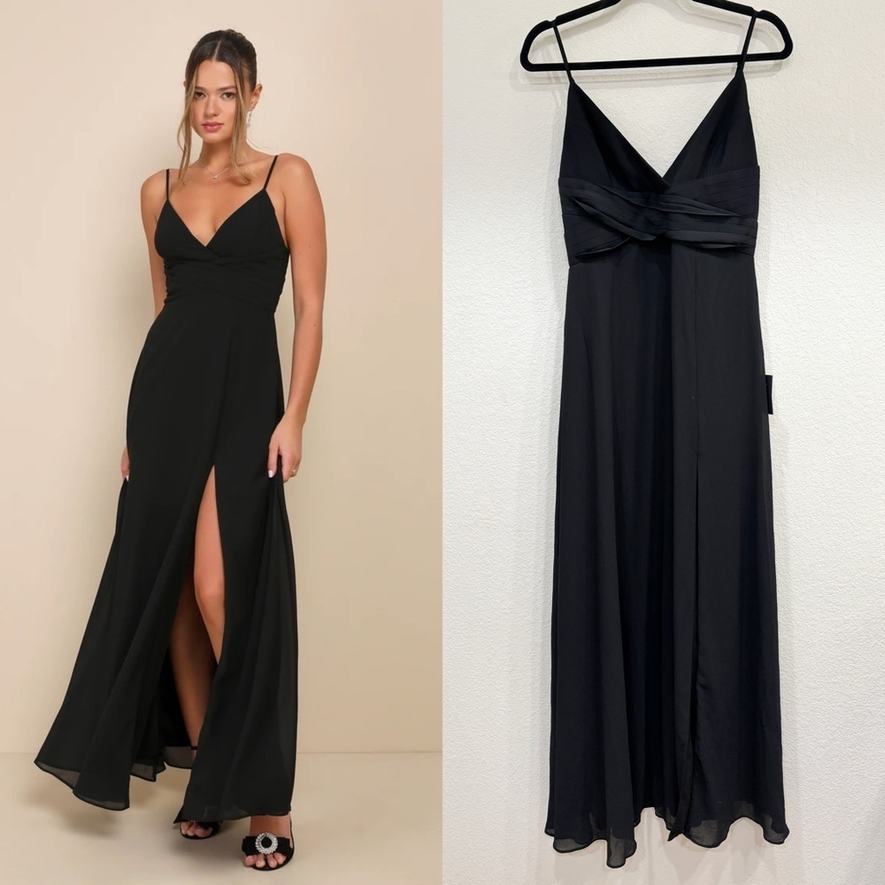 NWT Lulus Upscale Perfection Black Chiffon Pleated Sleeveless Maxi Dress
